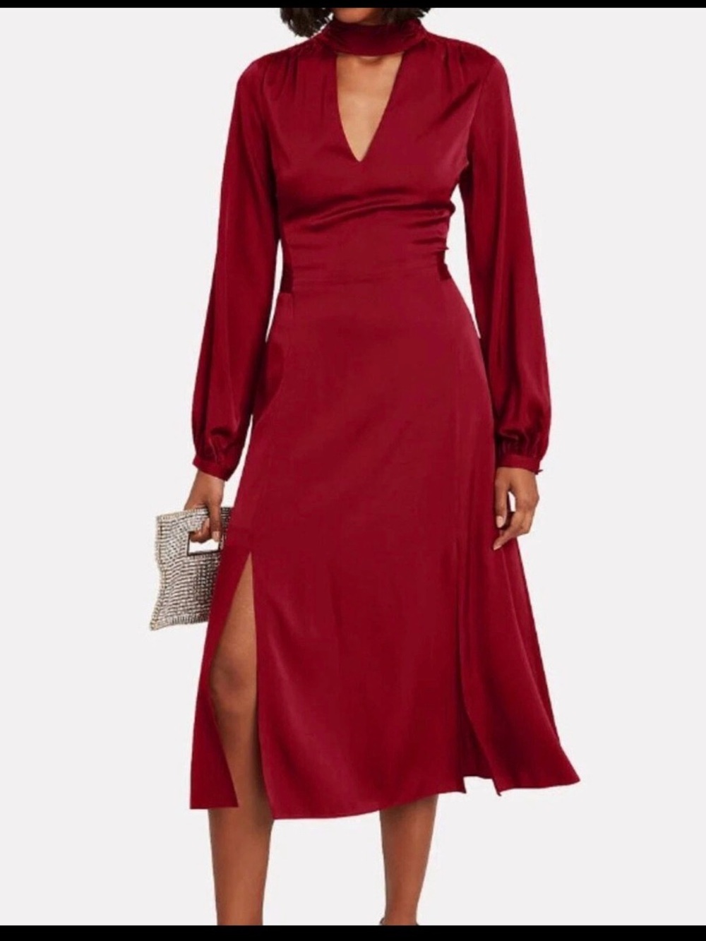 Intermix Victoria Silk Midi Dress Red Mock Neck Long Sleeve Size 2